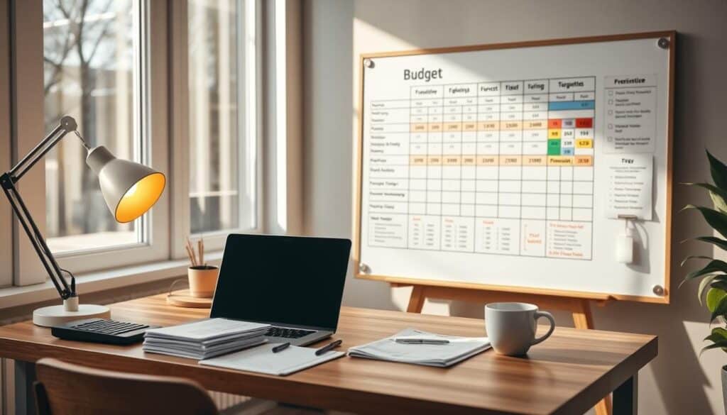 A modern home office setup with a wooden desk, a laptop, and a desk lamp casting a warm glow. On the desk, a meticulously organized set of financial documents, a calculator, and a cup of coffee. The room is illuminated by natural light streaming through large windows, creating a serene and productive atmosphere. A neatly arranged whiteboard or corkboard in the background displays a detailed budget plan, color-coded categories, and financial targets. The overall scene conveys a sense of order, control, and intentionality in personal finance management.