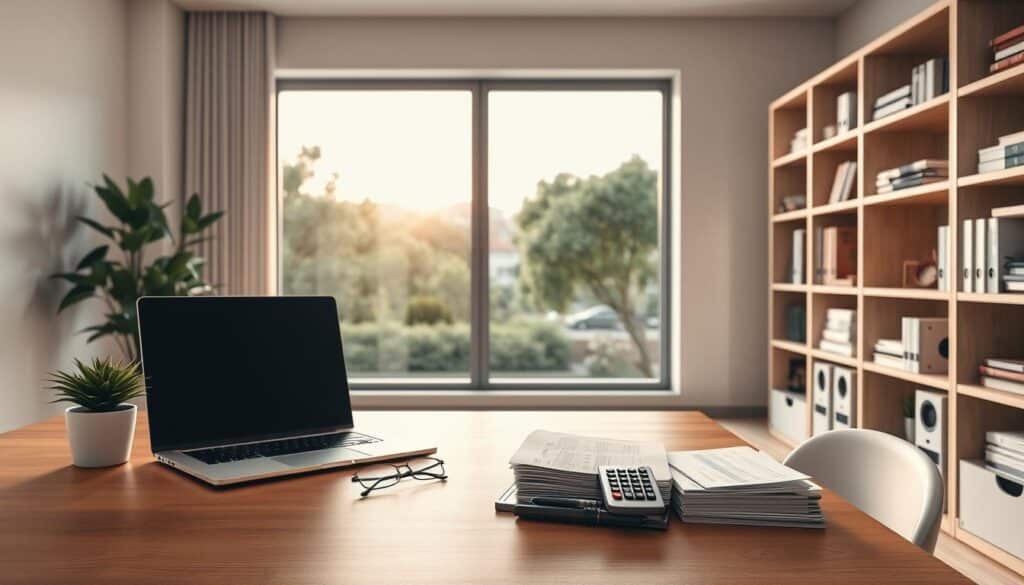 A modern home office with a clean, minimalist aesthetic. In the foreground, a wooden desk with a laptop, a potted plant, and a pair of reading glasses. On the desk, a neatly organized stack of documents and a calculator, conveying a sense of financial organization and control. The middle ground features a large window overlooking a serene, tree-lined urban landscape, bathed in warm, natural light. The background showcases sleek, modern shelving units with various items, including financial books and folders, reflecting the theme of personal finance and budgeting. The overall atmosphere is one of calm, focus, and efficiency, inspiring the viewer to take charge of their financial situation.
