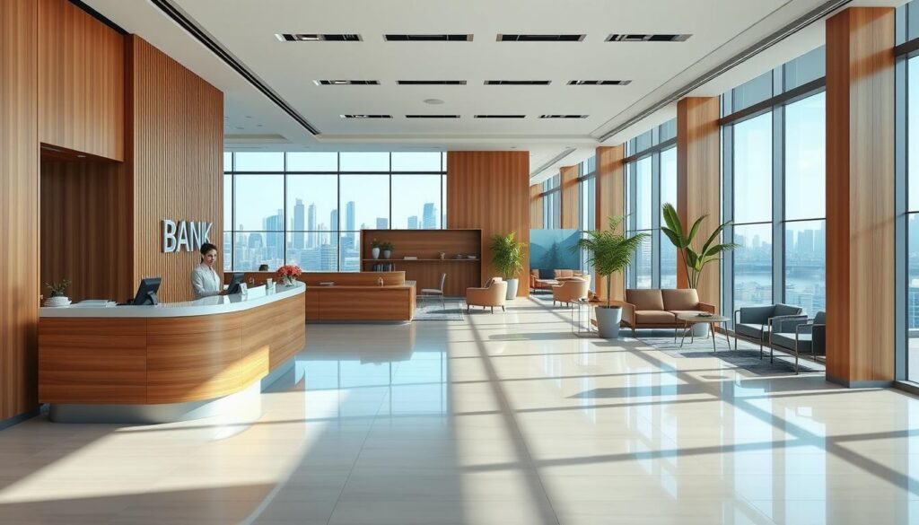 A modern, minimalist bank interior with clean lines, natural lighting, and warm wood accents. In the foreground, a welcoming reception desk with a friendly bank teller assisting a customer. The middle ground features comfortable seating areas and tasteful decor, inviting clients to relax and discuss their financial needs. The background showcases a panoramic view of the city skyline through large windows, conveying a sense of security and stability. The overall atmosphere is professional yet approachable, reflecting the bank's commitment to providing exceptional customer service.