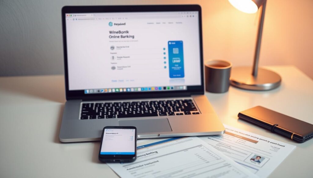 A modern, minimalist desktop setup with a laptop, smartphone, and banking documents. Warm, soft lighting illuminates the scene, creating a calm, professional atmosphere. The laptop screen displays an online banking interface, with clean, intuitive navigation. The smartphone shows a mobile banking app, seamlessly integrated with the laptop experience. Carefully arranged financial documents, including application forms and ID cards, suggest the steps of the online banking account opening process. The composition emphasizes efficiency, simplicity, and digital fluency, reflecting the effortless nature of modern banking.
