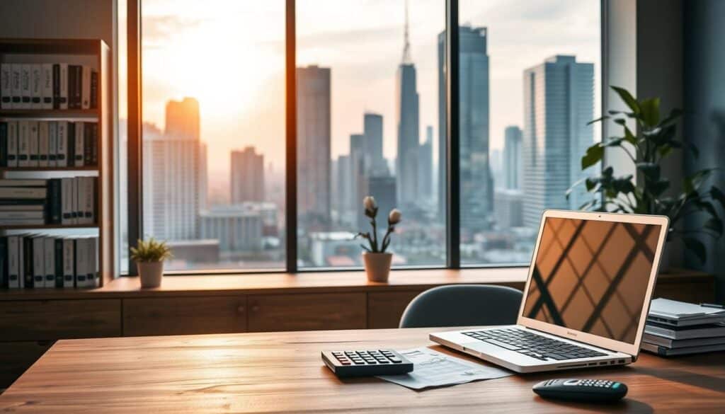 A modern, minimalist office interior with a large window overlooking a cityscape. In the foreground, a wooden desk with a laptop, a stack of documents, and a calculator. The middle ground features a bookshelf filled with finance-related books and a potted plant. The background showcases the city skyline, with a warm, golden sunset lighting the scene. The overall atmosphere is one of productivity, organization, and financial planning.