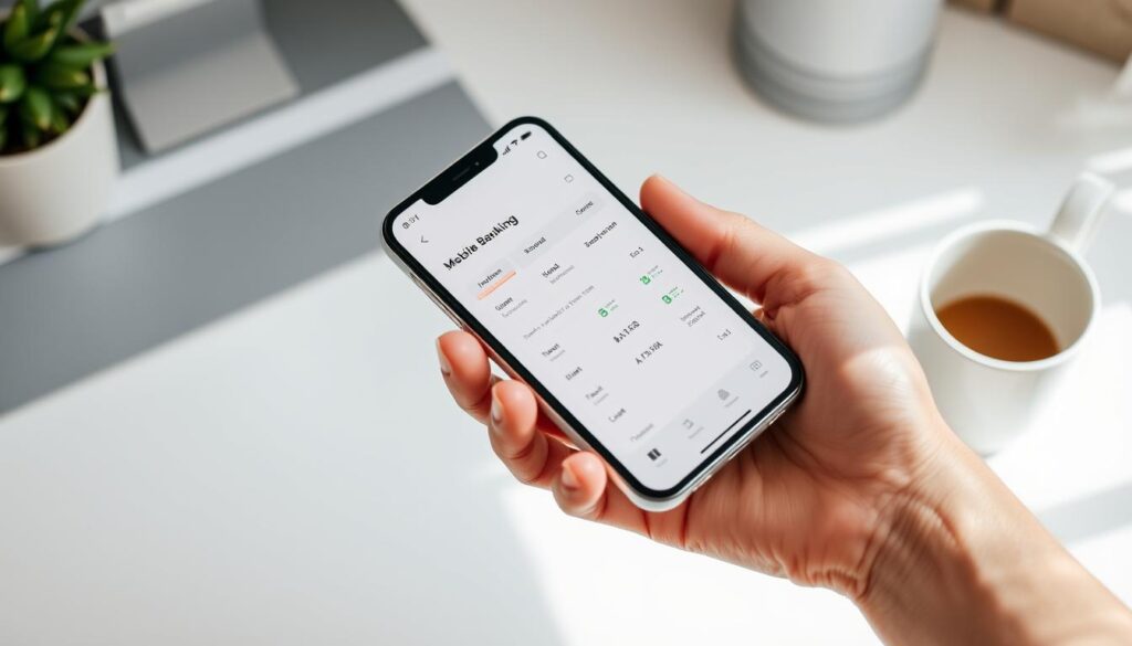 A modern mobile device held in a human hand, the screen displaying a mobile banking app interface with intuitive controls and clear financial information. The device is placed on a minimalist desk or tabletop, with a clean, clutter-free background emphasizing the simplicity and convenience of mobile banking. Soft, natural lighting illuminates the scene, creating a calm and approachable atmosphere. The composition highlights the accessibility and user-friendly nature of mobile banking, conveying a sense of financial empowerment and digital sophistication.