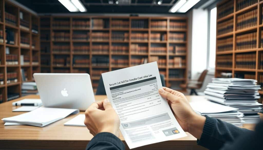 A modern office interior with a large desk, a laptop, and stacks of paper documents. The walls are lined with bookshelves filled with legal volumes. Bright, indirect lighting illuminates the scene, creating a professional and authoritative atmosphere. In the foreground, a pair of hands are carefully reviewing a credit card statement, analyzing the security features and compliance with Norwegian consumer protection laws. The overall composition conveys a sense of diligence, attention to detail, and commitment to upholding financial regulations.
