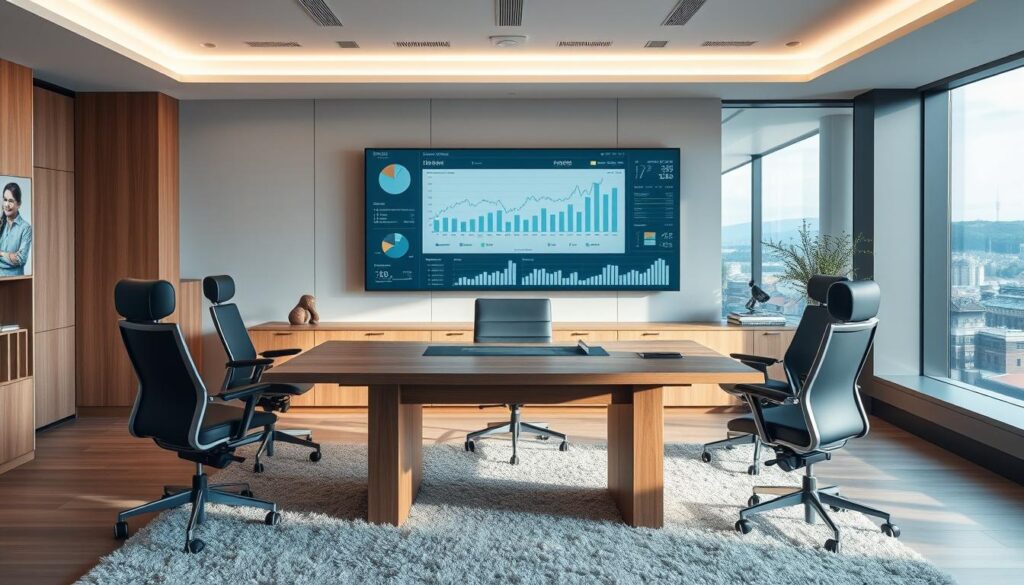 A modern office interior with a large, sleek wooden desk and ergonomic chairs. Behind the desk, a wall-mounted display showcases charts, graphs, and financial data, illuminating the financial operations of a private pension fund. Soft, diffused lighting creates a professional yet welcoming atmosphere. The room is adorned with subtle Norwegian design elements, such as a stylized wooden sculpture or a plush, textured rug. A large window offers a panoramic view of the Oslo cityscape, highlighting the fund's urban setting. The overall scene conveys a sense of stability, expertise, and a commitment to responsible financial management.
