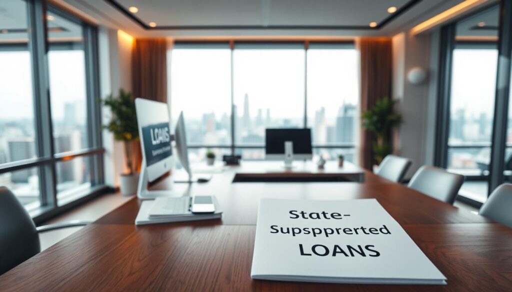 A modern office interior with a large wooden desk, a desktop computer, and a stack of financial documents. In the background, a panoramic window overlooking a cityscape. Subtle warm lighting casts a cozy glow, and sleek, minimalist decor creates a professional atmosphere. On the desk, a brochure with the title "State-Supported Loans" in a bold, clean font. The overall scene conveys a sense of financial security, government assistance, and a streamlined loan application process.