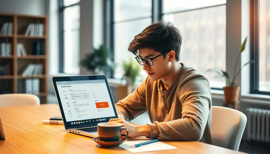 A modern office interior with a student sitting at a desk, intently focused on completing a credit card application form on a laptop computer. The scene is bathed in warm, natural lighting filtering in through large windows, creating a calm and studious atmosphere. The student's desk is neatly organized, with a cup of coffee, a notepad, and a few other office supplies nearby. In the background, a bookshelf and a potted plant add a touch of sophistication to the setting. The overall composition conveys the process of a student carefully navigating the credit card application process.