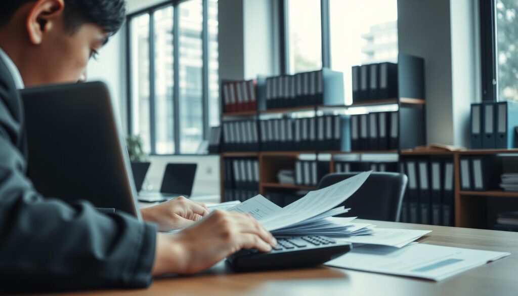 A modern office interior with a well-organized desk featuring a laptop, calculator, and stack of financial documents. The foreground depicts a person in business attire reviewing paperwork, their face partially obscured to maintain focus on the task at hand. The middle ground showcases shelves lined with neatly arranged binders and books, suggesting a sense of control and efficiency. The background features large windows, allowing natural light to filter in and create a calming, professional atmosphere. The lighting is soft and diffused, with subtle highlights accentuating the details of the office furnishings. The overall scene conveys a sense of diligent financial management and debt-handling strategies.