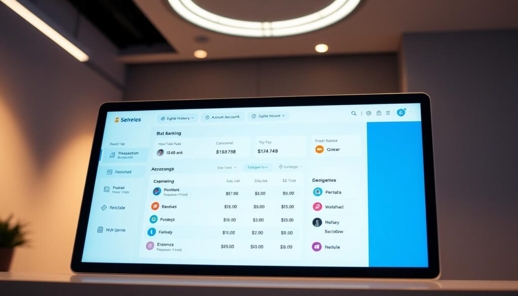 A modern, sleek digital banking interface featuring a clean, minimalist design. The screen displays a user's digital bank account with transaction history, account balance, and various banking tools. The layout is intuitive and easy to navigate, with clear icons and color-coded sections. Soft, ambient lighting illuminates the scene, creating a calming and professional atmosphere. The camera angle is slightly elevated, giving an overview of the digital banking experience. The overall impression is one of efficiency, security, and technological sophistication, reflecting the future of personal finance management.