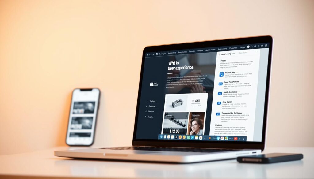 A modern, sleek user interface with clean typography, intuitive navigation, and minimalist design elements. In the foreground, a laptop screen displays a well-organized web page, showcasing a harmonious balance of content, imagery, and interactive components. The middle ground features a stylized smartphone, its screen reflecting the seamless user experience. The background is a soft, neutral palette, conveying a sense of professionalism and technological sophistication. Warm, diffused lighting creates a subtle, inviting atmosphere, highlighting the importance of user-centric web design. The overall composition emphasizes the crucial role of user experience in website optimization, seamlessly integrating form and function.
