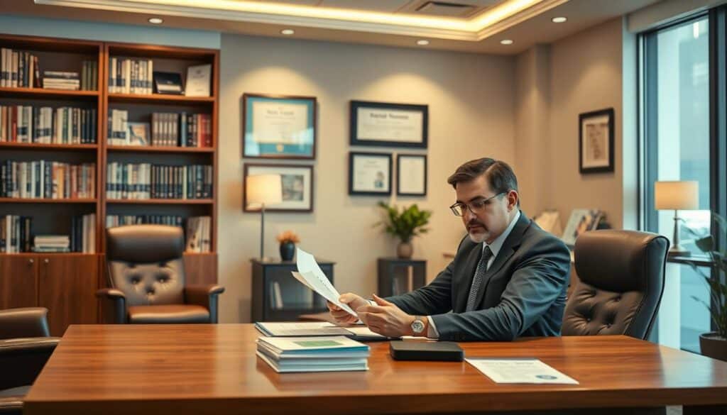 A modern, well-appointed office interior with a large wooden desk, comfortable leather chairs, and a bookshelf filled with financial publications. A professional-looking financial advisor sits at the desk, reviewing documents with a calm, thoughtful expression. Warm, indirect lighting illuminates the space, creating a sense of expertise and trustworthiness. The walls are adorned with framed certificates and awards, reinforcing the advisor's credentials. The overall atmosphere exudes a feeling of competence, security, and personalized attention, ideal for a high-quality financial consultation.