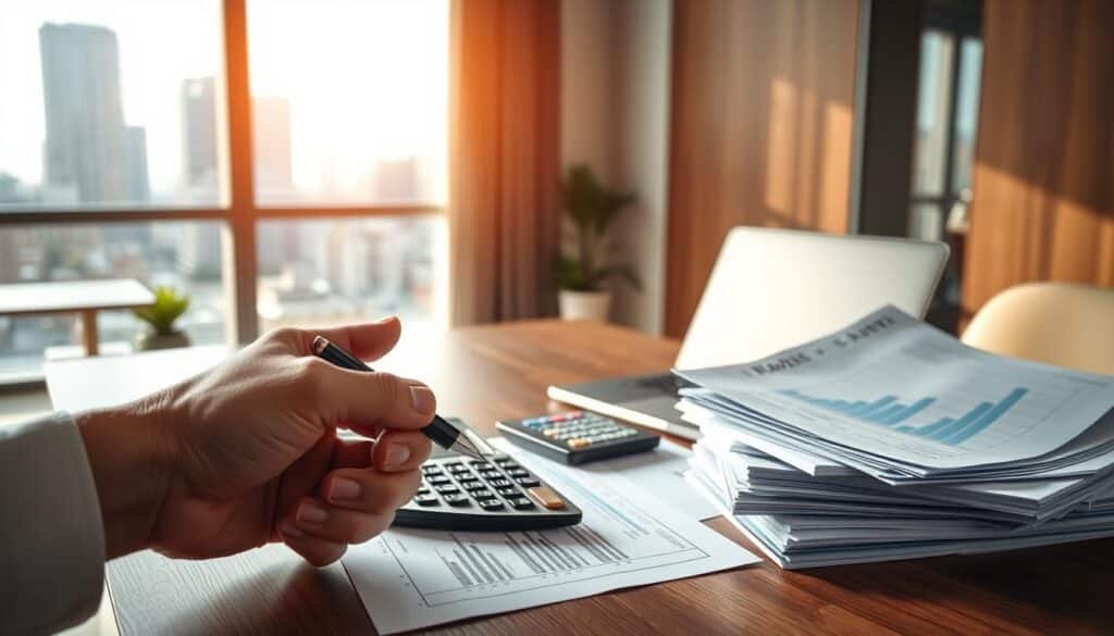 A modern, well-lit office interior with a desk, laptop, and a stack of documents representing the process of negotiating better interest rates. The foreground features a hand reaching out to grasp a pen, symbolizing the act of negotiation. The middle ground showcases a calculator and financial charts, emphasizing the analytical aspect of the process. The background depicts a large window overlooking a cityscape, conveying a sense of professionalism and success. The overall mood is one of focus, determination, and the pursuit of financial optimization. Warm, directional lighting from the side accentuates the textures and details of the scene.
