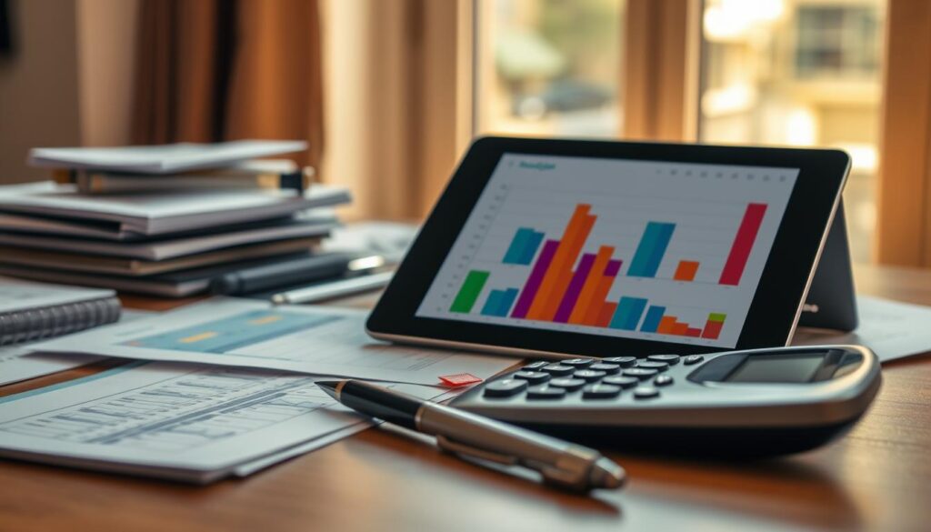 A neatly organized desk, the surface covered in financial documents, calculator, and a pen poised in the foreground. In the middle ground, a tablet displays a detailed budget spreadsheet, with colorful graphs and charts. The background features warm, natural lighting filtering through a window, conveying a sense of focus and productivity. The overall atmosphere is one of careful financial planning, with a mood of organization and control over personal finances.
