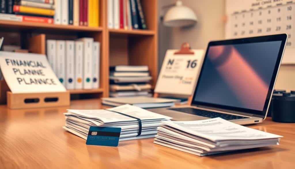 A neatly organized office desk with a laptop, a stack of bills, and a credit card. The lighting is soft and warm, creating a sense of focus and responsibility. In the background, a bookshelf filled with financial planning guides and a calendar marking important due dates. The overall atmosphere conveys a thoughtful, disciplined approach to personal finance and credit card usage.