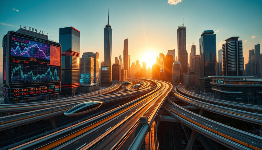 A panoramic view of a futuristic cityscape, bathed in a warm, golden glow from the setting sun. In the foreground, a trio of sleek, hovering vehicles navigate the intricate web of elevated transit lanes. Holographic billboards and displays project vibrant, ever-changing digital financial data, casting a mesmerizing light over the bustling metropolis. In the middle ground, towering skyscrapers with seamless glass facades reflect the city's dynamic, interconnected digital ecosystem. The background is punctuated by the silhouettes of advanced, cutting-edge architecture, hinting at the innovative technological advancements that shape the future of digital finance.