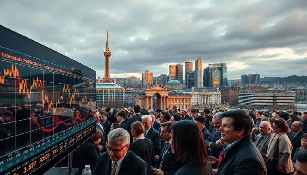 A panoramic view of the Norwegian financial landscape, with the Oslo Stock Exchange serving as the focal point. In the foreground, a data visualization dashboard displays fluctuating interest rate projections, conveying the dynamism of the Norwegian interest rate market. The middle ground features a crowd of investors and analysts intently studying the data, their expressions reflecting the uncertainty and anticipation of the market's future. In the background, the iconic architecture of Oslo's financial district stands tall, a testament to the nation's economic prowess. Warm, golden lighting bathes the scene, evoking a sense of professionalism and diligence. The overall composition conveys the complex interplay of data, human decision-making, and the built environment that shapes the Norwegian interest rate market.