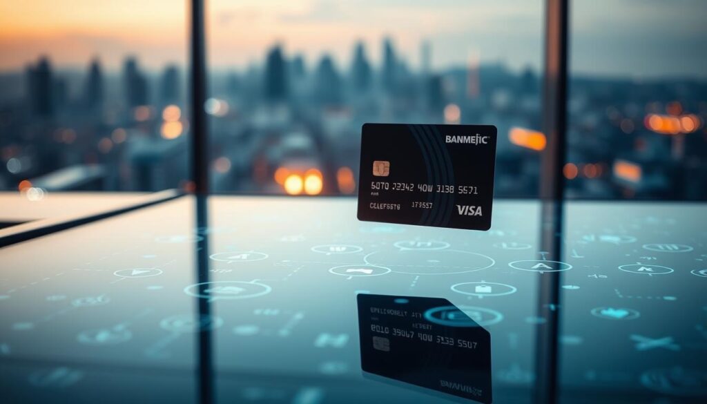 A pristine glass surface reflecting the intricate dance of digital transactions, as sleek credit cards glide across a seamless interface. In the foreground, a stylized bank card hovers, its metallic edges catching the warm glow of ambient lighting. The middle ground showcases a fluid motion of animated icons, representing the various payment options and security measures. In the background, a soft, blurred cityscape provides a subtle backdrop, hinting at the global reach of these financial solutions. The overall atmosphere conveys a sense of efficiency, security, and the seamless integration of technology into the fabric of modern life.