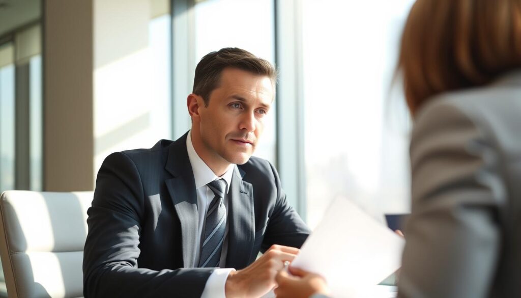 A professional business person, dressed in a sharp suit, sitting at a desk in a modern office. The person is leaning forward, engaged in a serious negotiation with a representative from a credit card company. The scene is lit by natural light streaming in from large windows, creating a sense of transparency and openness. The background is blurred, but suggests an urban skyline, conveying the high-stakes nature of the negotiation. The person's facial expression is focused, with a hint of determination, as they discuss the terms of a credit card agreement, seeking to secure a lower interest rate for their personal or business needs.