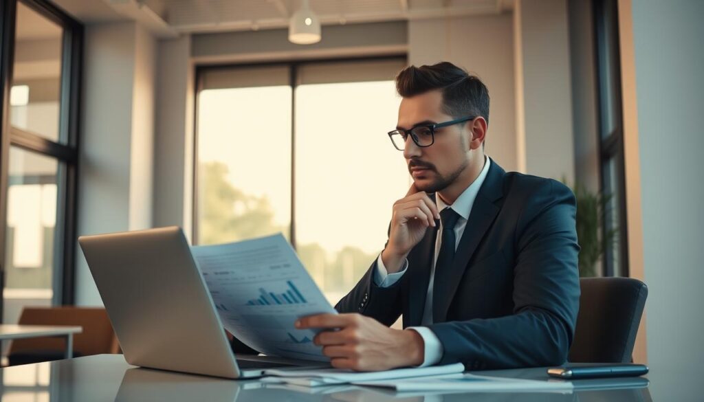 A professional financial advisor sitting at a desk, meticulously reviewing financial documents and charts on a laptop. Dressed in a crisp suit, their face exuding a thoughtful, knowledgeable expression. The office environment is modern and minimalist, with clean lines and muted tones. Natural light filters in through large windows, casting a warm glow on the scene. The advisor's pose conveys a sense of expertise and dedication to providing sound financial guidance. The overall atmosphere is one of calm professionalism, reflecting the care and diligence required in financial planning.