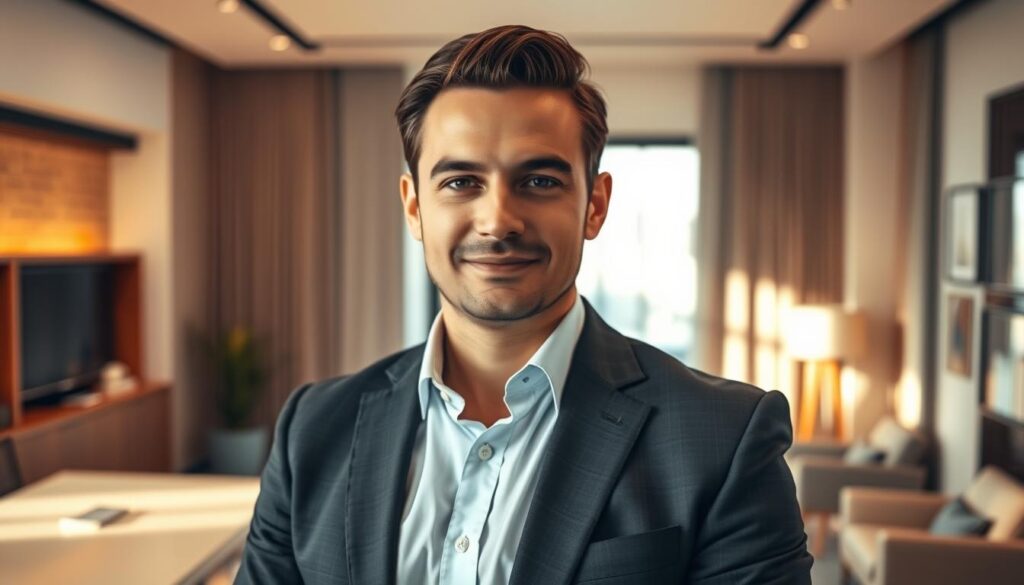 A professional, smartly-dressed financial advisor stands in a modern, minimalist office, their face exuding a calm, confident demeanor. The room is flooded with warm, natural lighting, casting a soft glow on the advisor's features. Elegant décor, including a sleek desk and comfortable seating, creates an atmosphere of trustworthiness and expertise. The advisor's posture is upright, their gaze directed thoughtfully towards the viewer, conveying a sense of personalized attention and care. The overall scene projects an image of a knowledgeable, approachable professional ready to provide tailored financial guidance.