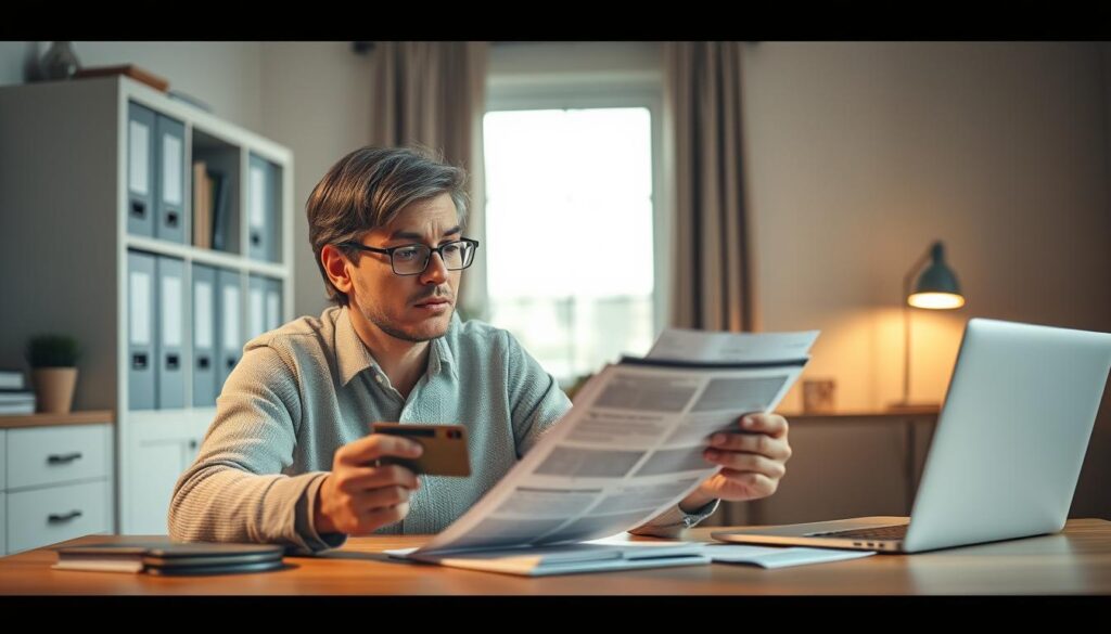 A responsible credit card user sitting at a table, meticulously reviewing their monthly statements and expenses. Soft, warm lighting illuminates their thoughtful expression as they carefully balance their budget. In the background, a tidy home office with organized files and a modern laptop symbolizes financial discipline. The scene conveys a sense of control, responsibility, and prudent financial management. A well-composed image captured with a wide-angle lens to emphasize the harmonious, minimalist setting.