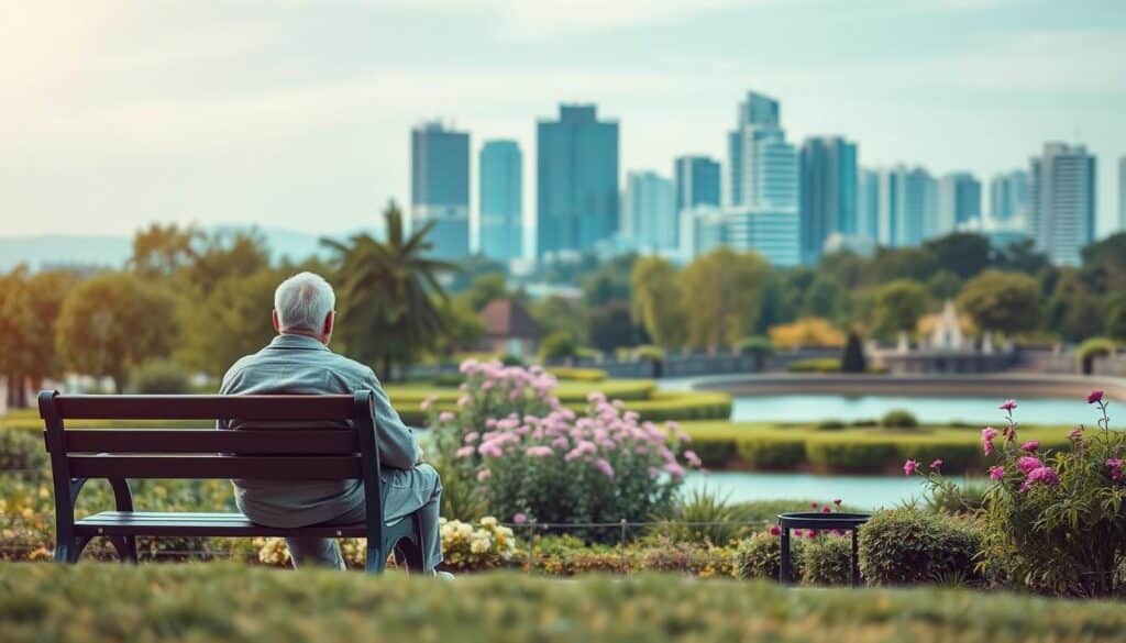 A serene and contemplative scene depicting nyugdíjtervezés (retirement planning). In the foreground, an elderly couple sitting on a park bench, deep in conversation, their faces reflecting the weight of their financial decisions. The middle ground features a lush, verdant garden with flowering plants and a tranquil pond, symbolizing the growth and security of a well-planned retirement. In the background, a modern city skyline, hinting at the complex financial landscape they navigate. Soft, warm lighting and a muted color palette create a sense of comfort and stability. The overall composition conveys a sense of thoughtful preparation and the pursuit of financial well-being in the golden years.