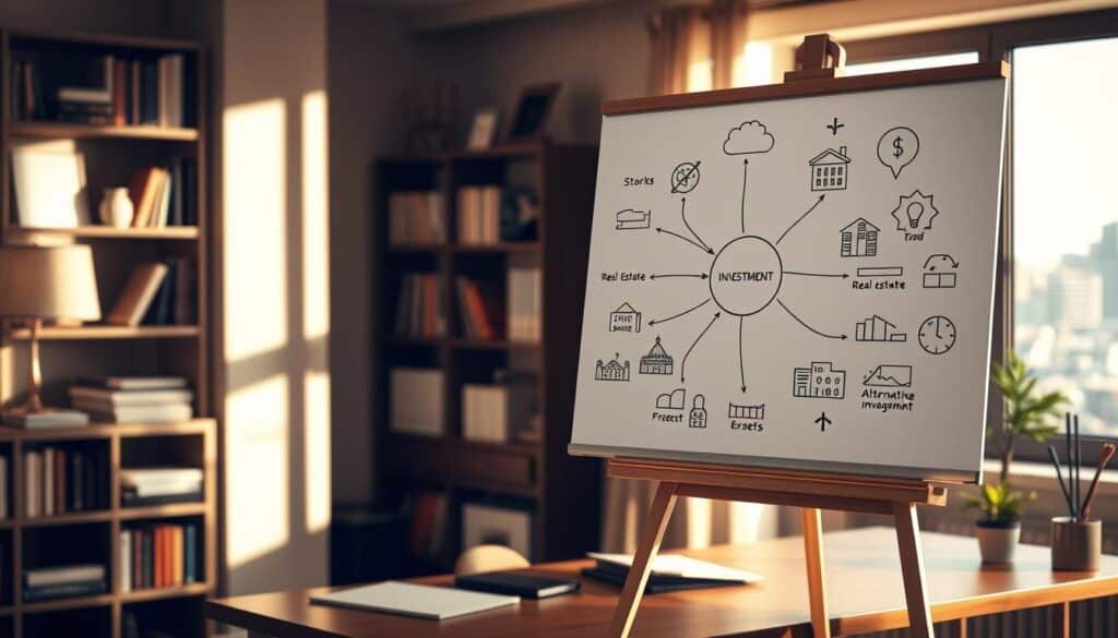 A serene and contemplative scene of investment strategies, with a focal point of a hand-drawn financial diagram on a whiteboard. The background features a cozy office setting, with bookshelves, a desk, and a window overlooking a cityscape. Soft, warm lighting illuminates the scene, creating a sense of professionalism and expertise. The diagram on the whiteboard showcases various investment options, from stocks and bonds to real estate and alternative assets, each represented by simple icons and symbols. The overall atmosphere conveys a sense of thoughtful analysis and strategic planning, ideal for guiding both novice and experienced investors.