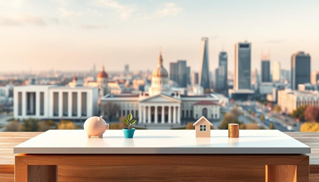 A serene and inviting scene depicting the various savings account options available in Hungary. In the foreground, a clean, contemporary table displays a stylized illustration of different savings account icons, each representing a distinct product - a piggy bank, a growing plant, a house, and a stack of coins. The middle ground showcases a series of sleek, minimalist banking buildings, their modern architecture bathed in warm, golden light. In the background, a vibrant cityscape unfolds, with towering skyscrapers and bustling streets, conveying a sense of financial security and prosperity. The overall composition is balanced, with a calming color palette and a focus on the key elements of savings account types. Crisp, high-resolution rendering with a subtle depth of field, capturing the essence of the "Megtakarítási számlák" topic.