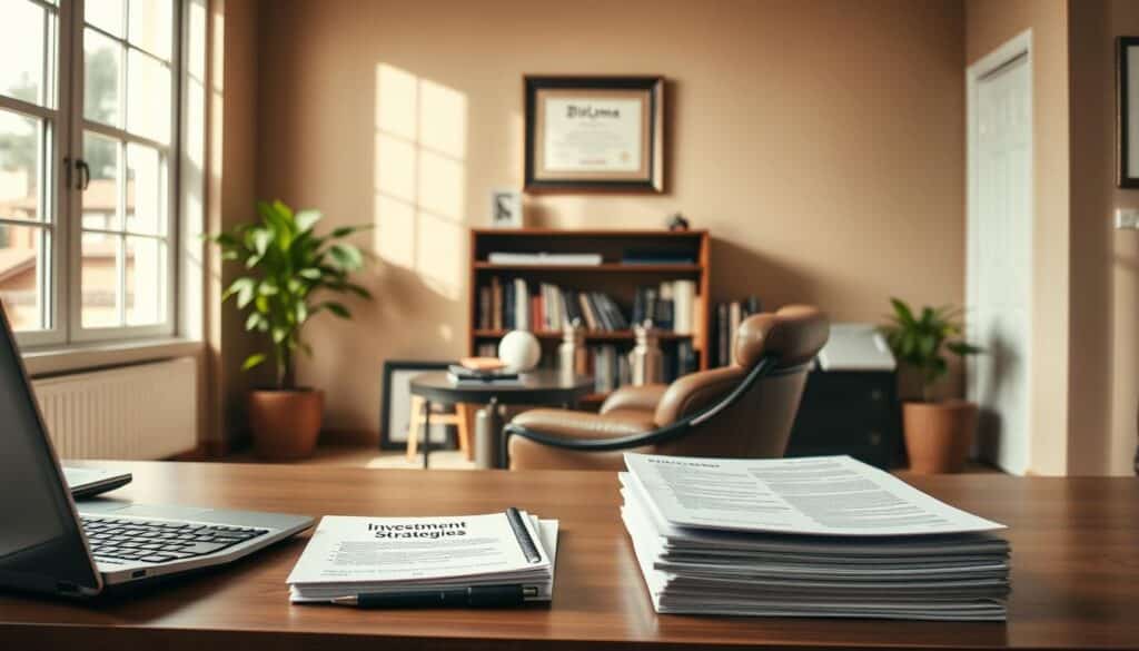 A serene and inviting scene of a financial planning office, filled with natural light streaming in through large windows. In the foreground, a neatly organized desk showcases a laptop, calculator, and a stack of documents labeled "Investment Strategies". Behind it, a bookshelf displays various finance-related books and a framed diploma on the wall. In the middle ground, a comfortable leather chair invites the viewer to sit and contemplate their investment decisions. The background features a muted color palette of warm earth tones, creating a sense of stability and professionalism. The overall atmosphere evokes a feeling of thoughtful financial planning, with attention to detail and a focus on long-term strategies.