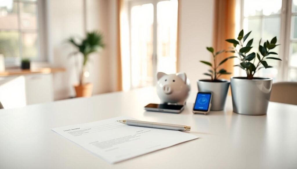 A serene and minimalist study of personal financial goals. In the foreground, a clean, sparse desk with a single sheet of paper and a pen, symbolizing a focused, intentional approach to saving. The middle ground features a few carefully placed objects - a sleek piggy bank, a digital savings tracker, and a potted plant, representing tangible progress and growth. The background is a softly blurred, warm-toned interior, evoking a sense of calm and quiet contemplation. Natural light streams in through large windows, bathing the scene in a gentle, inspirational glow. The overall composition conveys a sense of clarity, control, and forward momentum in one's financial journey.