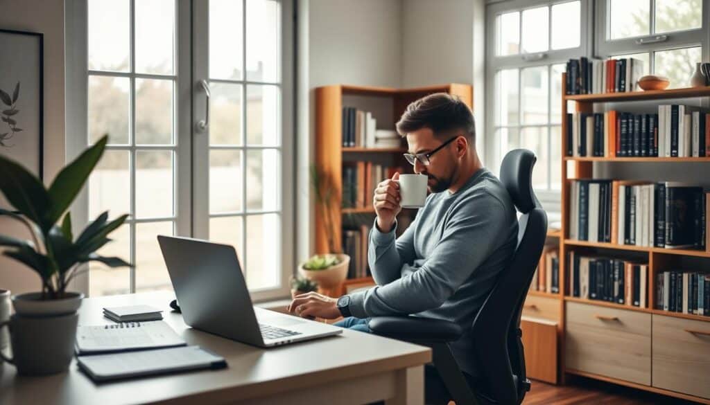 A serene and organized home office setting, showcasing the daily habits of a successful individual. Soft natural lighting filters through large windows, illuminating a tidy desk with a laptop, planner, and a potted plant. In the middle ground, a person sits comfortably in an ergonomic chair, sipping from a mug while reviewing their schedule. The background features bookshelves filled with volumes, conveying a sense of intellect and discipline. Subtle textures, muted colors, and a calming atmosphere evoke a productive and mindful daily routine.