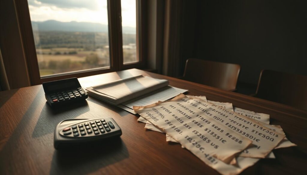 A serene, dimly lit room with a wooden desk and a large window overlooking a scenic landscape. On the desk, a calculator, a stack of financial documents, and a number of neatly arranged "rentesats" - elegant, handwritten calculations on parchment-like paper. Soft, warm lighting casts a contemplative atmosphere, while the distant horizon suggests the broader financial considerations at play. The composition emphasizes the importance of understanding the intricate factors that influence one's personal interest rate, as the viewer is drawn into the thoughtful, analytical process.
