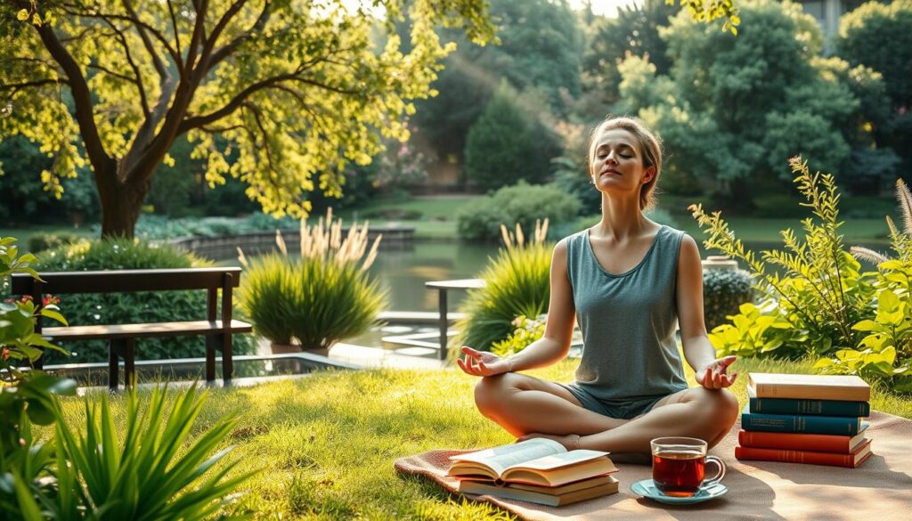 A serene garden setting with lush greenery, a tranquil pond, and a wooden bench overlooking the water. Soft, diffused sunlight filters through the trees, casting a warm, calming glow. In the foreground, a person sits cross-legged, eyes closed, deep in meditation, their expression one of inner peace and mindfulness. Nearby, a stack of books and a cup of tea suggest a contemplative, introspective atmosphere. The overall scene conveys a sense of mental well-being, rejuvenation, and a connection to the natural world.