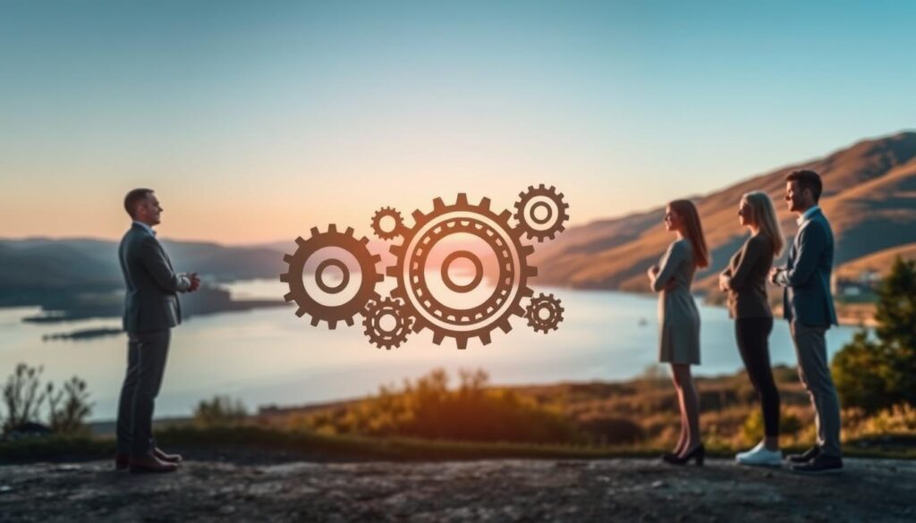 A serene, harmonious scene depicting the concept of "helhetlig risikostyring". In the foreground, a group of diverse figures stand together, hands clasped, symbolizing unity and collaboration in risk management. The middle ground features a series of interlocking gears and cogs, representing the intricate mechanisms of a comprehensive risk strategy. In the background, a tranquil landscape unfolds, with rolling hills, a calm river, and a clear sky, conveying a sense of balance and stability. The lighting is soft and diffused, creating a warm, approachable atmosphere. The composition is well-balanced, with a focus on the collaborative aspect of risk management, while the technical elements in the middle ground and the serene backdrop suggest a holistic, strategic approach.