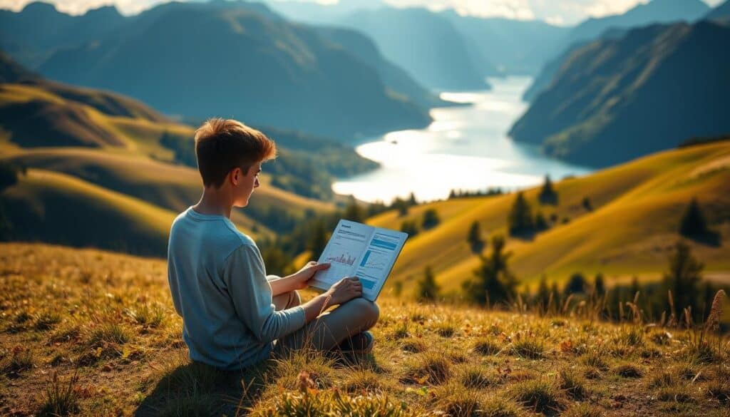 A serene landscape with rolling hills and lush greenery, bathed in warm, golden sunlight. In the foreground, a young person sits cross-legged, intently studying financial documents and charts on a sleek, minimalist laptop. Behind them, a picturesque Norwegian fjord glistens in the distance, framed by majestic mountains. The scene evokes a sense of tranquility and focus, capturing the essence of tax-efficient investment strategies in a visually compelling manner.