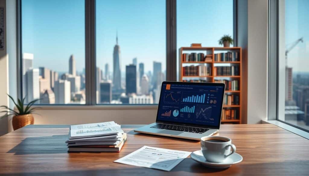 A serene, minimalist office setting with a large window overlooking a cityscape. In the foreground, a wooden desk with a laptop, a stack of financial documents, and a cup of coffee. On the desk, various investment-related icons and infographics displayed on the laptop screen. In the middle ground, a bookshelf filled with finance and economics books. The background features a panoramic view of a modern city skyline, with skyscrapers and a clear blue sky. The lighting is soft and natural, creating a calming and professional atmosphere. The overall scene conveys a sense of financial stability, opportunity, and informed decision-making.