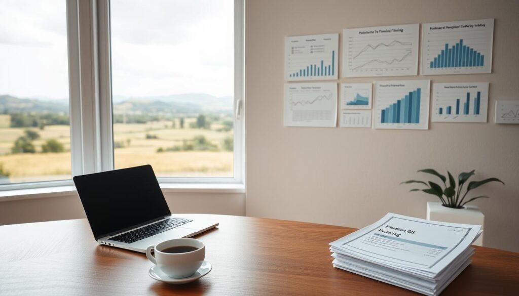 A serene, minimalist office setting with a large window overlooking a picturesque landscape. In the foreground, a wooden desk with a laptop, a cup of coffee, and a stack of documents labeled "Pension Planning". On the wall, a carefully curated array of financial charts and graphs. Soft, natural lighting filters in, creating a warm, contemplative atmosphere. The overall scene conveys a sense of focus, organization, and a person deeply engaged in their financial future.