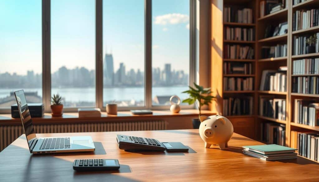 A serene, minimalist office setting with warm, natural lighting. In the foreground, a wooden desk with a laptop, calculator, and a piggy bank symbolizing savings. In the middle ground, a large window overlooking a peaceful city skyline, representing investment opportunities. The background features bookshelves filled with financial literature, creating an atmosphere of knowledge and financial literacy. The overall mood is one of balance, stability, and the harmony between saving and investing for a secure financial future.