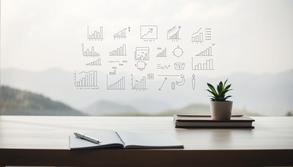A serene, minimalist scene depicting a person's financial goals and aspirations. In the foreground, a simple desk with a notebook, pen, and a small potted plant, symbolizing the initial planning stage. The middle ground features a series of carefully drawn graphs, charts, and diagrams, representing the various economic targets and milestones. The background is a tranquil, muted landscape, perhaps a window view or a digital backdrop, conveying a sense of calm contemplation. The lighting is soft and natural, creating a focused, introspective atmosphere. The composition is balanced and clean, guiding the viewer's attention to the key elements of the scene.