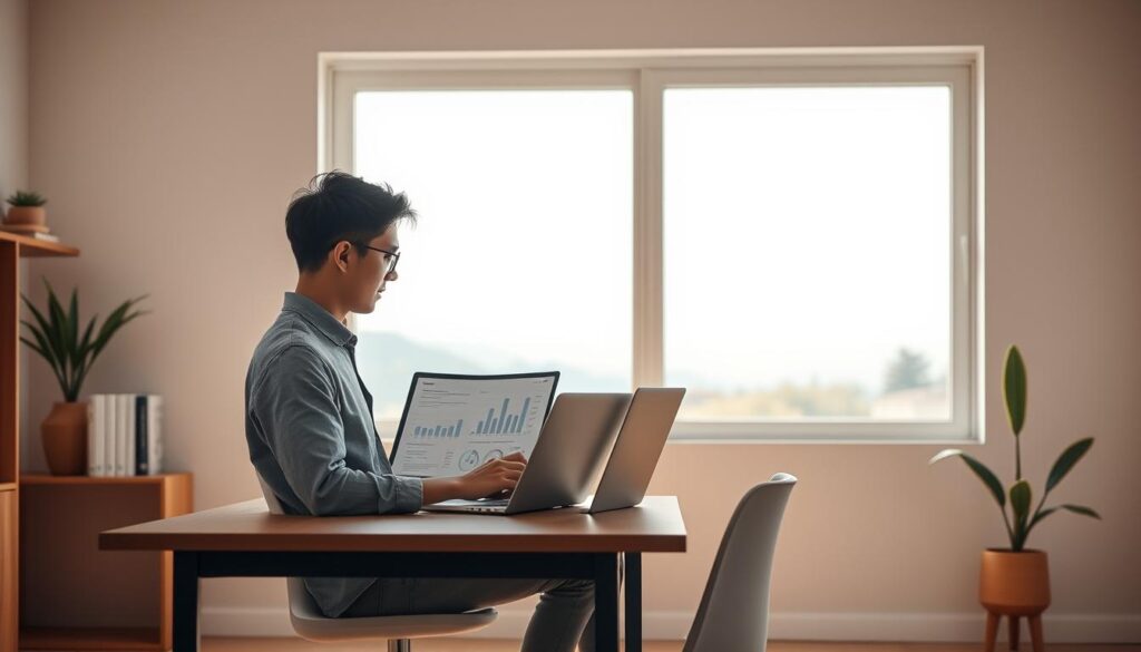 A serene, minimalist scene depicting the concept of retirement planning. In the foreground, a young person in casual attire sits at a desk, carefully reviewing financial documents and charts on a laptop screen. The middle ground features a tasteful bookshelf with finance-related books and a succulent plant, conveying a sense of organization and control. The background is a soft, muted palette of earthy tones, with a large window overlooking a peaceful, natural landscape, symbolizing the financial independence and tranquility that can come from early retirement planning. Soft, directional lighting creates subtle shadows and highlights the contemplative mood. The composition is balanced and visually appealing, reflecting the importance of thoughtful, lifelong financial management.
