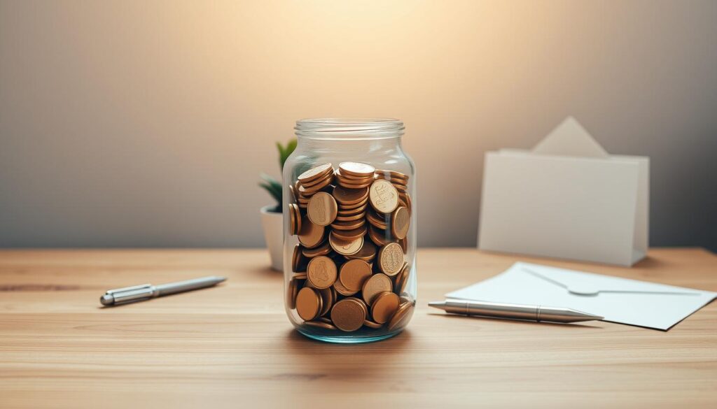 A serene, minimalist still-life scene depicting the principles of successful savings. In the foreground, a glass jar filled with golden coins, catching the warm, diffused light of an unseen window. Surrounding it, a few simple, elegant objects: a small potted plant, a sleek pen, and a crisp white envelope symbolizing financial documents. The middle ground features a smooth, wooden surface, its grain and texture creating a sense of natural, understated luxury. In the background, a muted, neutral-toned wall, allowing the focal elements to stand out clearly. The overall mood is one of tranquility, order, and a thoughtful approach to building wealth through consistent, disciplined savings.