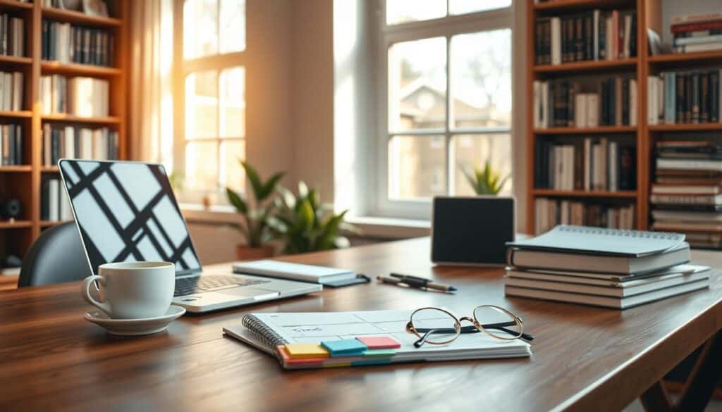 A serene office scene with a wooden desk, a laptop, a planner, and a cup of coffee. Warm, natural lighting filters through large windows, casting soft shadows. In the background, a bookshelf filled with tomes on time management and productivity. On the desk, a set of colorful sticky notes and a pair of reading glasses, conveying a sense of focused, organized work. The overall atmosphere is one of efficiency, control, and a harmonious balance of task and relaxation, reflecting the principles of effective time management.