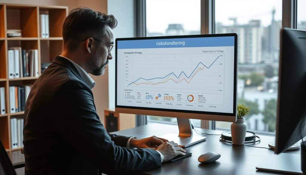 A serene office setting with a contemplative business person analyzing a risk management graph on a desktop computer. The lighting is soft and warm, creating a pensive atmosphere. The graph shows various risk factors and mitigation strategies, providing a visual representation of the "risikohåndtering" concept. In the background, a bookshelf and a window overlooking a calm urban landscape add depth and a sense of professionalism. The composition emphasizes the importance of strategic risk management in investment decisions, aligned with the article's subject matter.