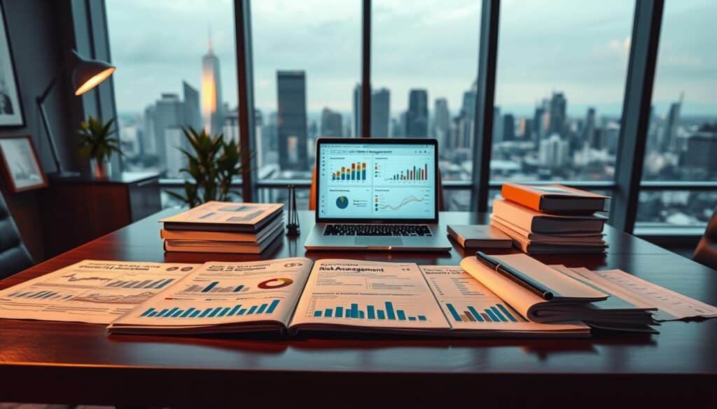 A serene office space with an executive desk showcasing various risk management tools and strategies. In the foreground, a neatly organized array of risk assessment charts, graphs, and analytical models. In the middle ground, a laptop displaying a risk management software interface, surrounded by folders and documents. The background features a large window overlooking a cityscape, bathed in warm, directional lighting that casts subtle shadows, conveying a sense of thoughtful contemplation. The overall atmosphere is one of carefully considered decision-making, balanced by a touch of modern sophistication.