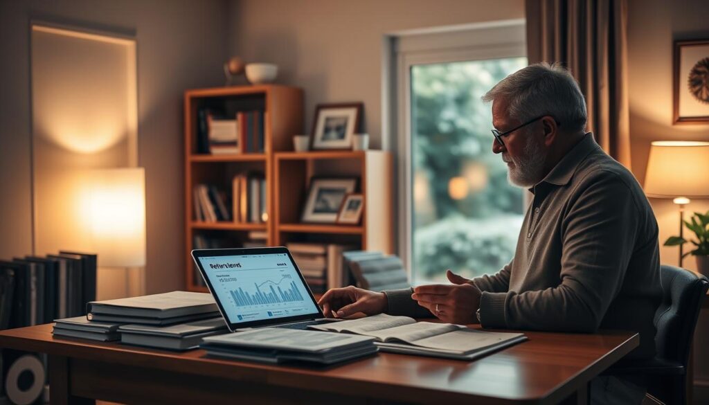 A serene scene of retirement planning, with a middle-aged couple reviewing financial documents in a cozy home office. Warm, diffused lighting casts a soft glow, creating an atmosphere of contemplation and security. In the foreground, the couple sits at a tidy wooden desk, surrounded by neatly organized folders and a laptop displaying retirement projections. The middle ground features bookshelves filled with financial guides and a framed photograph of the family. The background depicts a tranquil garden visible through a large window, symbolizing the peaceful future they are planning for. The overall mood is one of careful consideration, financial responsibility, and optimism for a comfortable retirement.