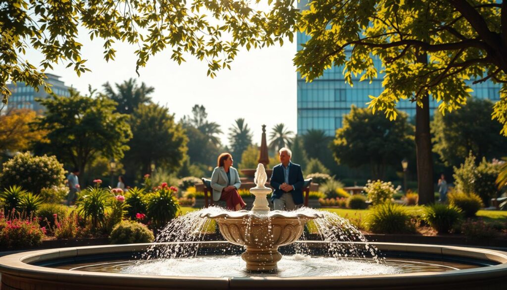 A serene, sun-dappled scene of a serene park or garden, with a central focus on a group of people engaged in thoughtful discussion around a table. The foreground features an elegant fountain or water feature, with lush greenery and flowers in the middle ground. The background showcases a modern, glass-fronted building, symbolizing the financial sector. Warm, diffused lighting creates a sense of tranquility, while the expressions and body language of the figures convey a pensive mood, reflecting the serious topic of investment risk and returns. The composition should balance the natural and architectural elements, conveying a sense of balance and equilibrium.