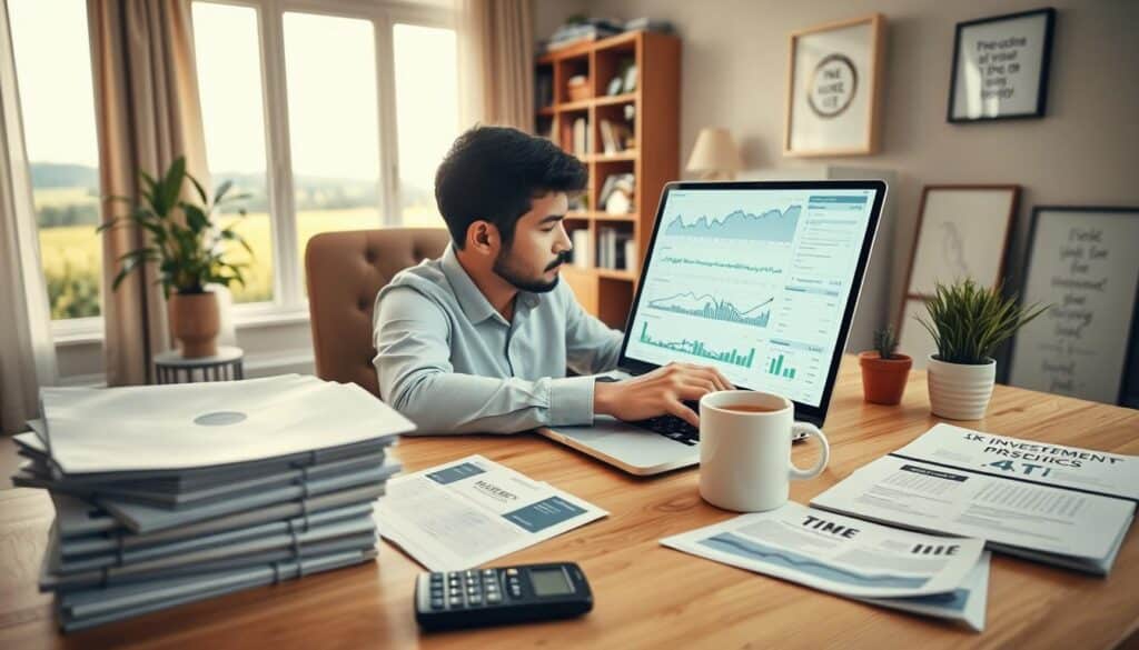 A serene, well-lit scene of a person comfortably seated at a wooden desk, intently studying investment graphs and charts on a laptop screen. The foreground features a stack of investment prospectuses, a calculator, and a cup of coffee, conveying a sense of focused financial analysis. The middle ground showcases a neatly organized desk setup, with a potted plant and a framed motivational quote adding a touch of personalization. The background depicts a warm, cozy home office, with soft lighting, bookshelves, and a view of a tranquil outdoor landscape through a large window, creating an atmosphere of thoughtful contemplation and financial empowerment.