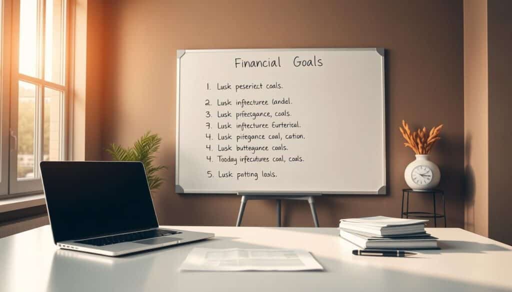 A serene yet purposeful scene depicting financial goals. In the foreground, a clean, modern desk with minimal decor - a laptop, a sleek pen, and a neatly stacked pile of documents. Warm, natural lighting filters through large windows, casting a soft glow across the scene. In the middle ground, a whiteboard displays a carefully crafted list of financial objectives, each item written in a bold, confident hand. The background features a muted color palette of earthy tones, suggesting a sense of grounded stability. An aura of focus and determination pervades the image, hinting at the systematic pursuit of financial well-being.