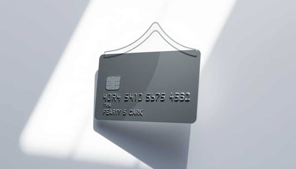 A sleek and modern credit card with a protective shield or cover, set against a clean and minimalist background. The card is rendered in high detail, with metallic accents and a crisp, legible logo. The shield or cover appears semi-transparent, showcasing the card's design while emphasizing the idea of protection and insurance. Bright, directional lighting from the side casts subtle shadows, adding depth and a sense of premium quality. The overall scene conveys a sense of security, trust, and the valuable benefits of credit card insurance.