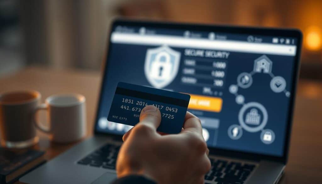 A sleek and modern online shopping scene with a person's hand holding a credit card, poised to make a secure digital transaction. The background features a laptop or tablet displaying a secure payment page, with subtle icons and graphics suggesting financial security. Soft, warm lighting illuminates the scene, creating a sense of trust and confidence. The composition emphasizes the act of making an online purchase, with the credit card as the focal point, conveying the ease and safety of digital payments. The overall atmosphere is one of seamless, reliable, and trustworthy online shopping experience.