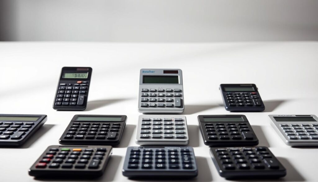 A sleek and modern presentation of the top Hungarian loan calculators. A clean, well-lit scene showcasing a variety of calculator devices, each with a minimalist, high-tech design. The calculators are arranged in a grid-like formation, creating a visually appealing and organized display. The background is a neutral, office-like setting, allowing the calculators to take center stage. Soft, directional lighting casts subtle shadows, highlighting the calculators' sharp lines and glossy surfaces. The overall atmosphere conveys a sense of efficiency, professionalism, and financial expertise, reflecting the article's focus on evaluating the best loan calculators available in Hungary.